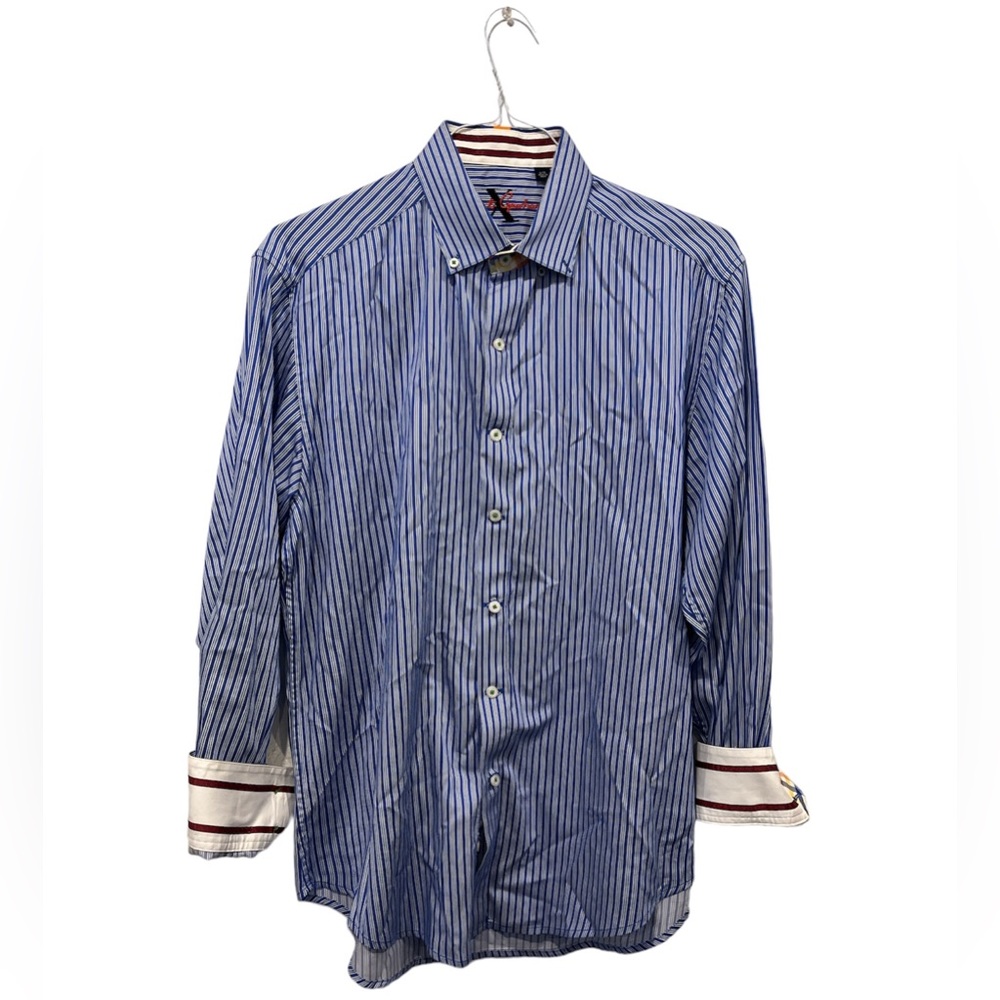 Robert Graham Men’s‎ Blue Striped Long Sleeve Button Shirt Size Large Flip Cuffs